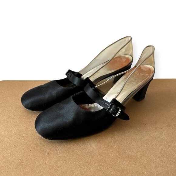 Vintage 60s Herbert Levine Mod Black Satin Clear‎ Vinyl Pumps, Size 7.5 AA - Picture 3 of 14